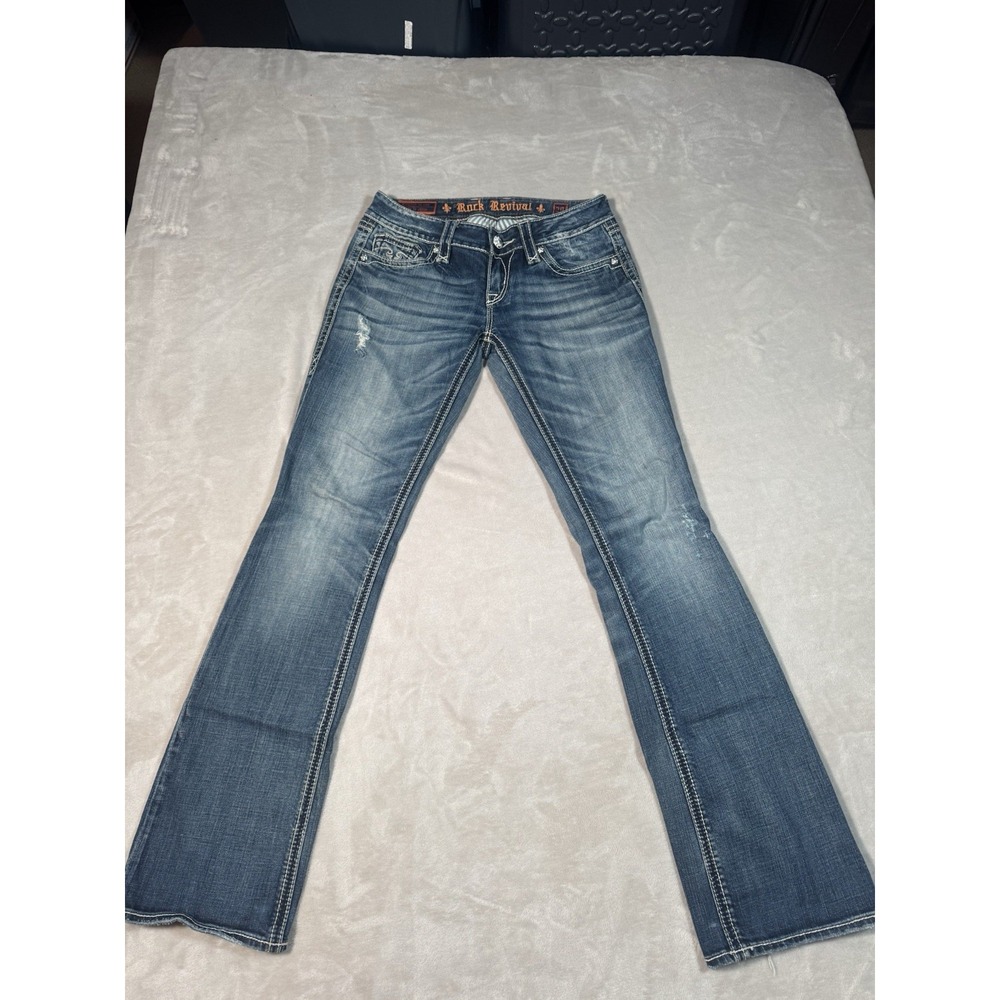 Rock Revival Women Jeans Alanis Boot Cut Med Wash Distressed Silver Sequin 29